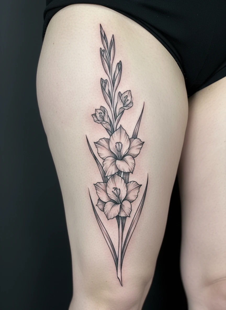 August Gladiolus Thigh Tattoo