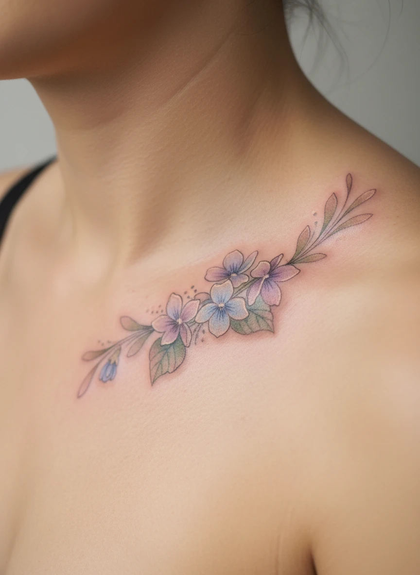 February Violet Collarbone Tattoo