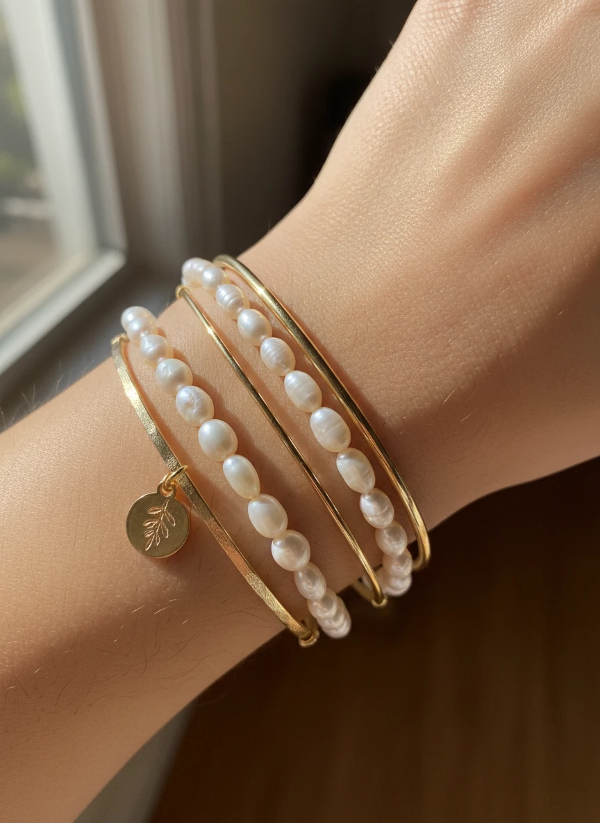 Layered Pearl and Gold Bracelet Stack