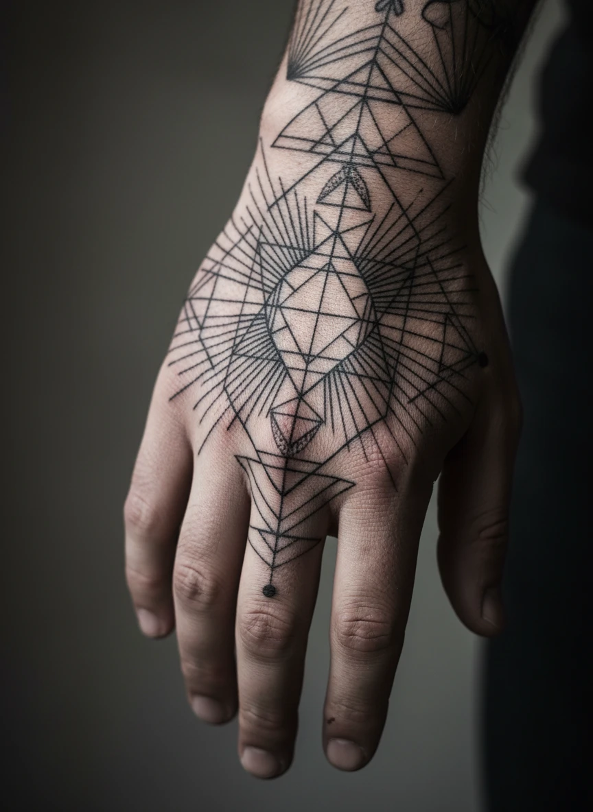 Masculine Geometric Hand Tattoo