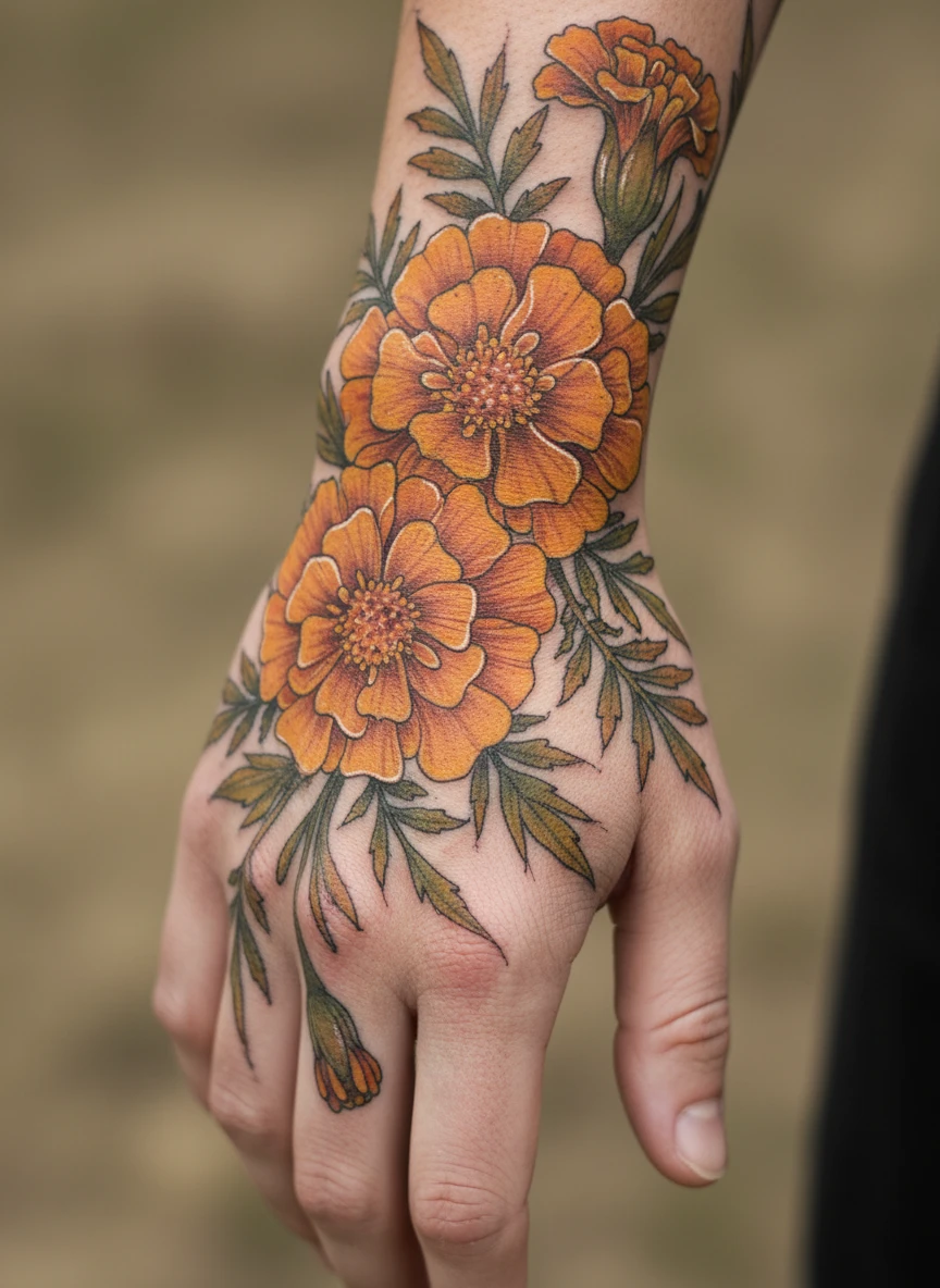 October Marigold Hand Tattoo