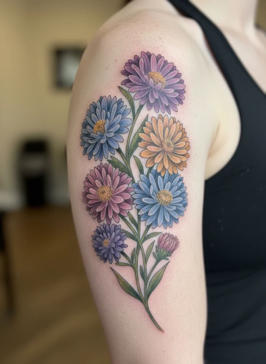September Aster Upper Arm Tattoo
